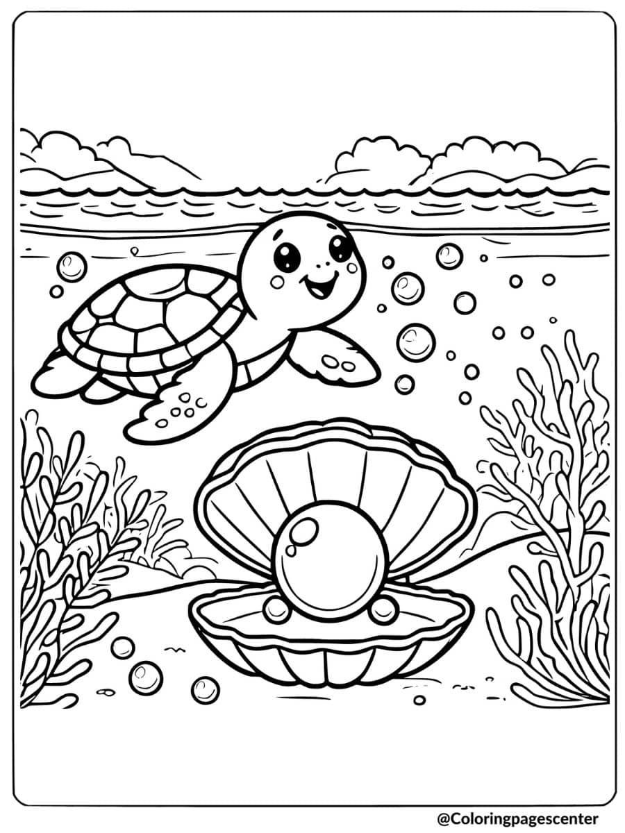 Cute sea turtle with a pearl underwater coloring page