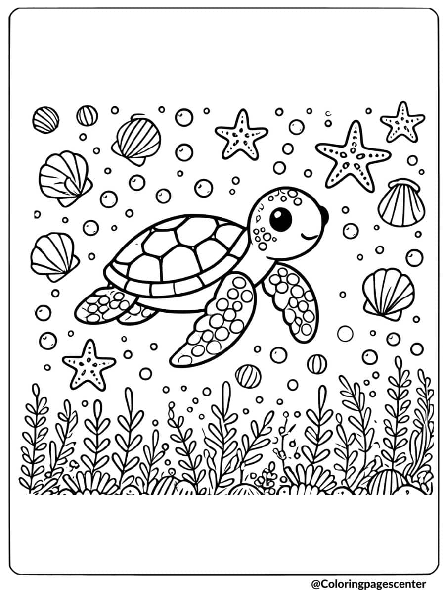 Happy sea turtle swimming among shells coloring page