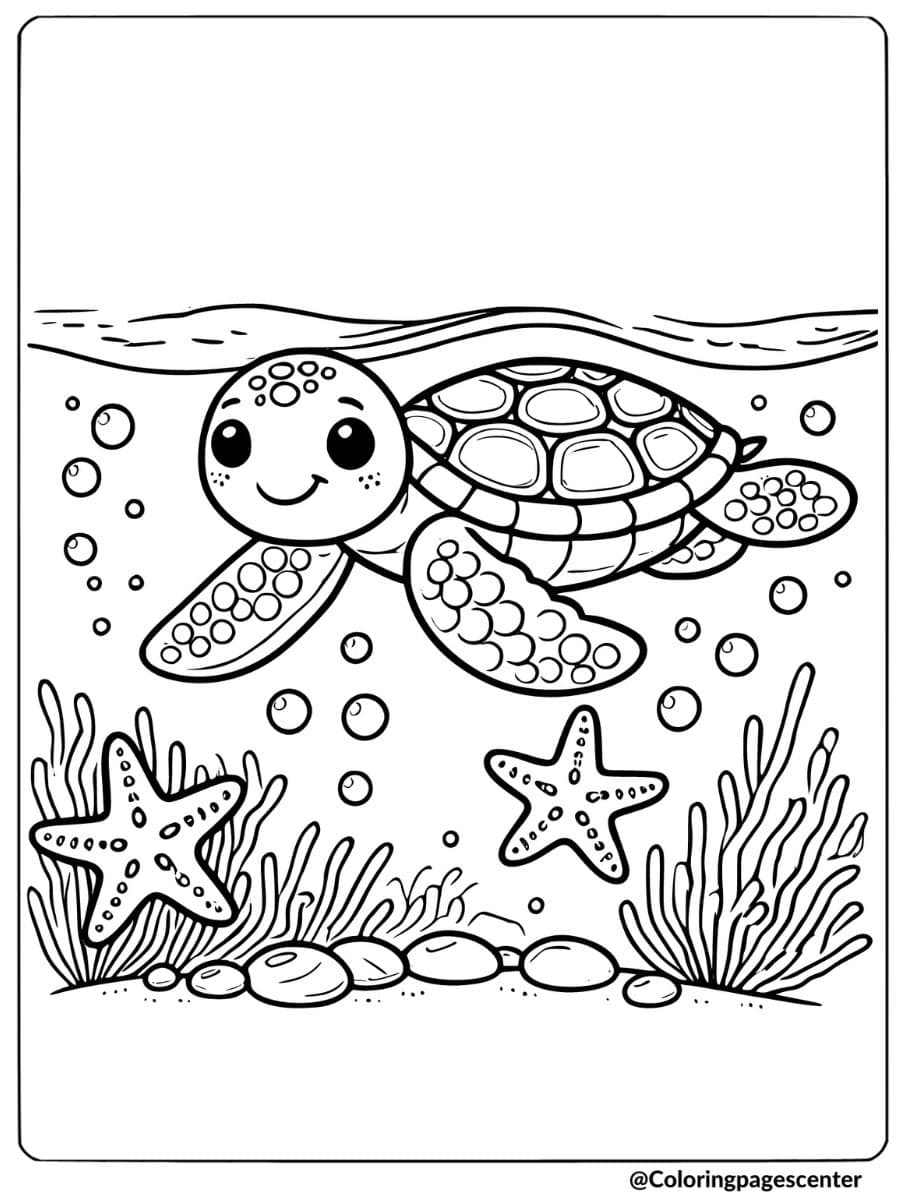 Smiling sea turtle and starfish coloring page