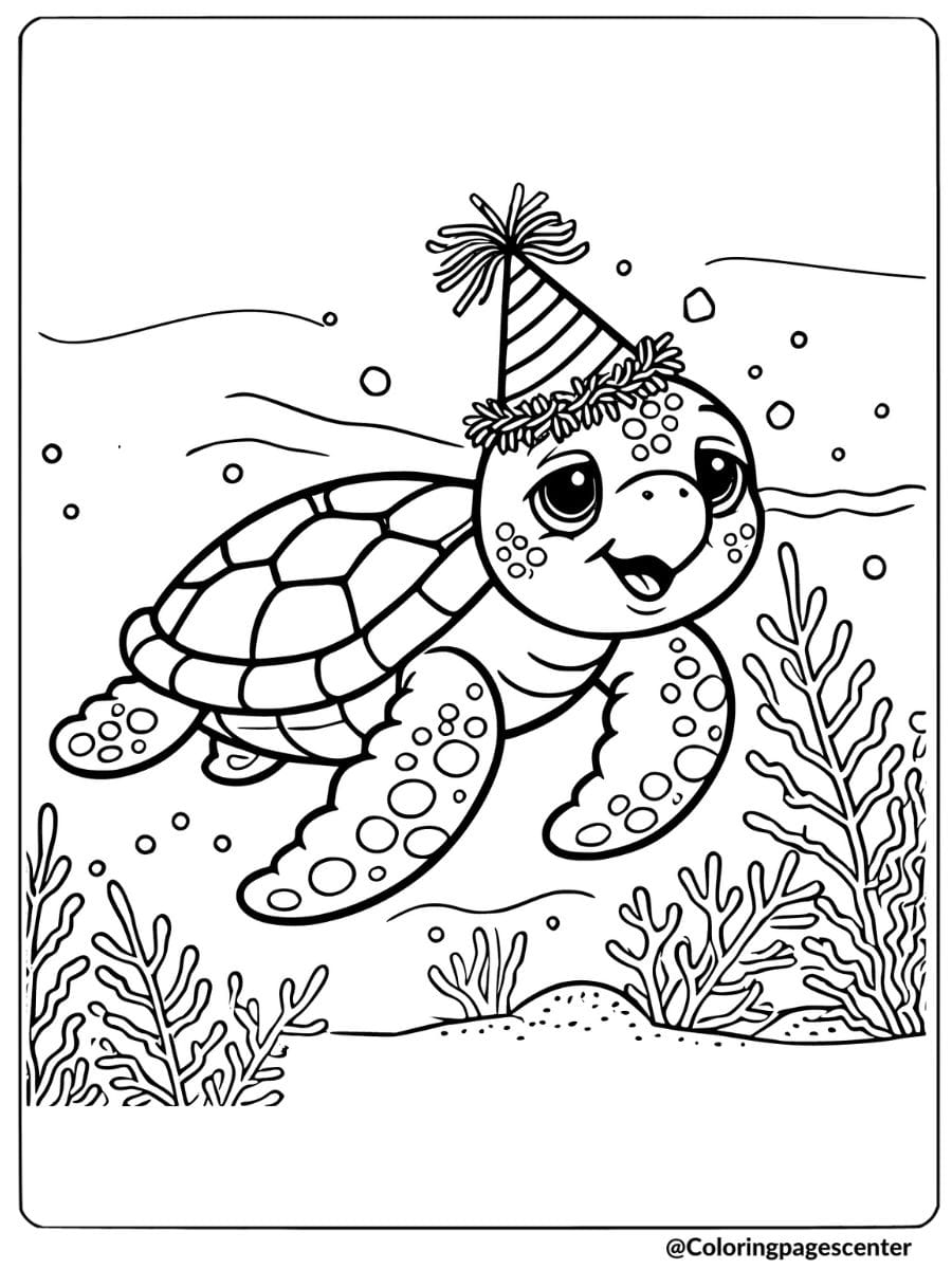 Sea turtle with a party hat underwater coloring page