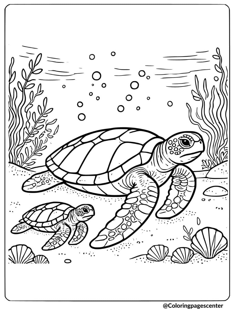 Sea turtle and baby turtle underwater coloring page