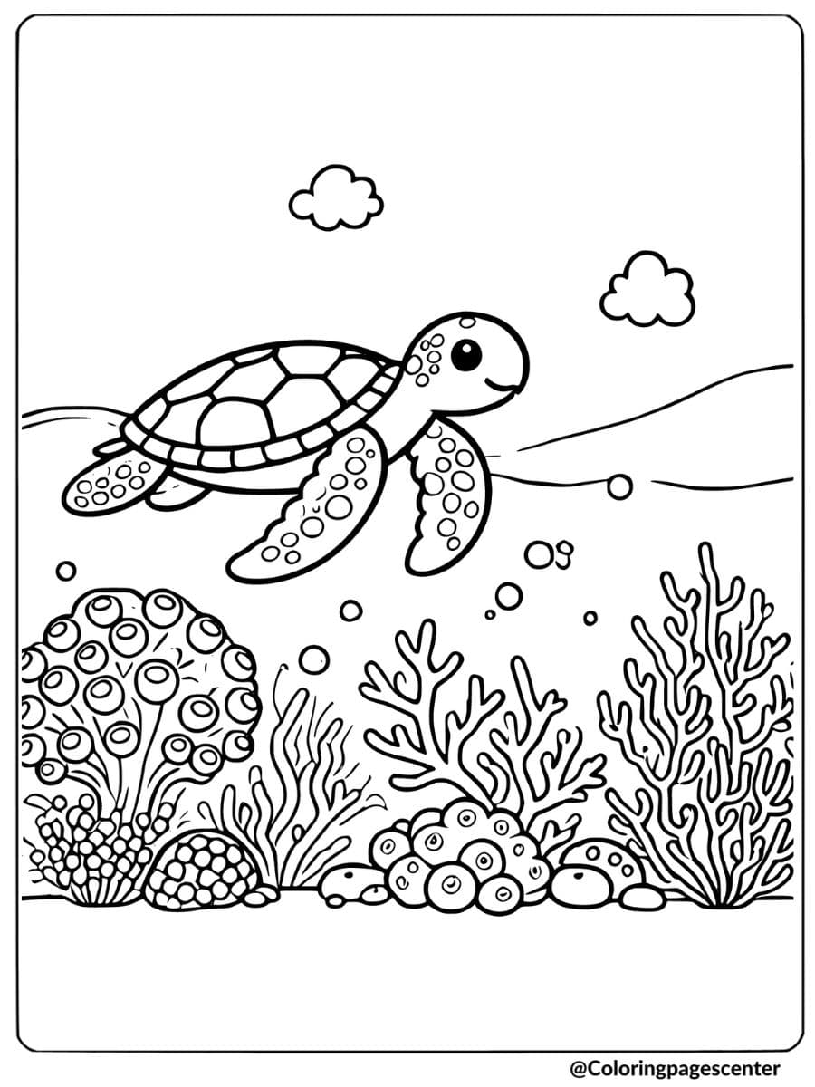 Sea turtle swimming above a coral reef coloring page