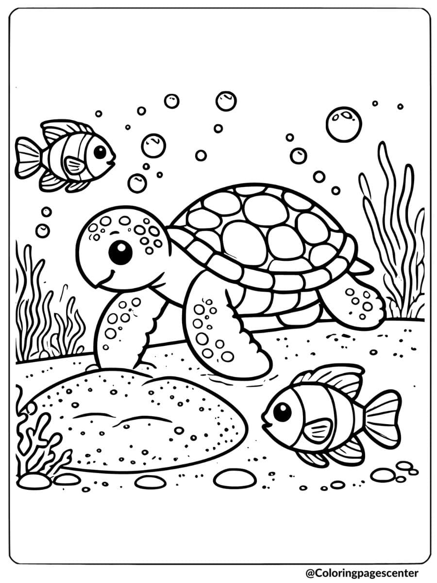 Sea turtle and fish swimming underwater coloring page