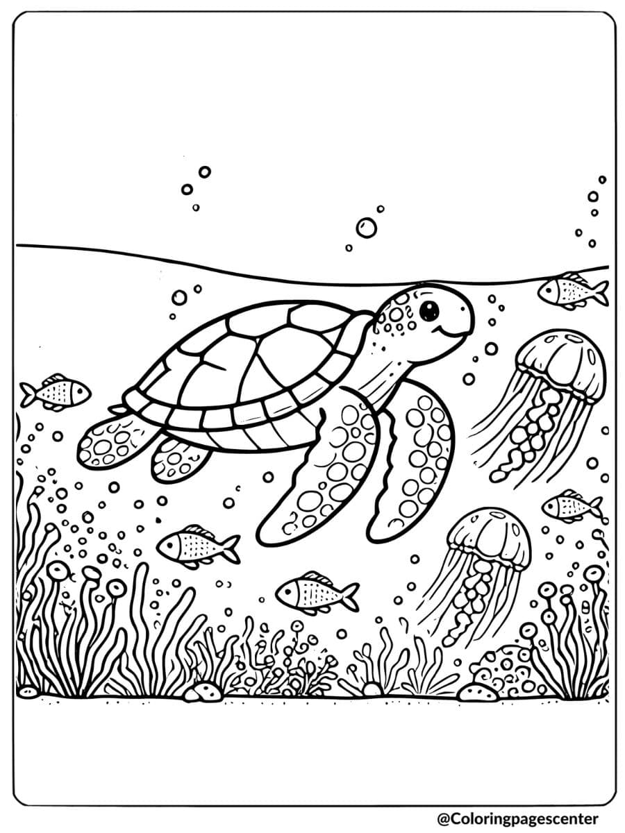 Sea turtle swimming with jellyfish coloring page