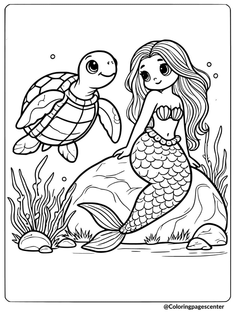 Sea turtle and mermaid sitting on a rock coloring page