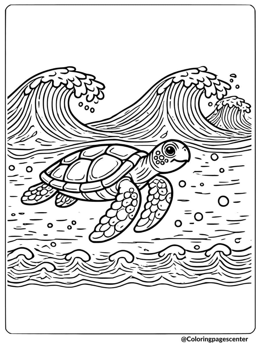 Sea turtle swimming through ocean waves coloring page