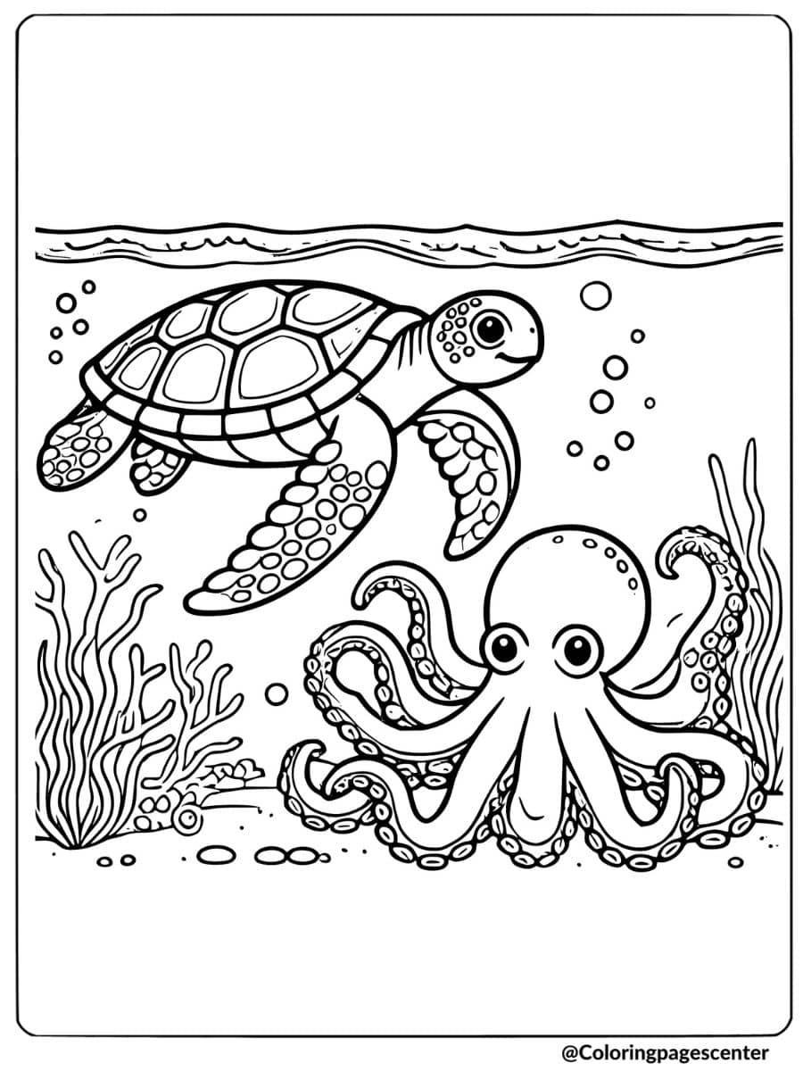 Sea turtle swimming with an octopus coloring page