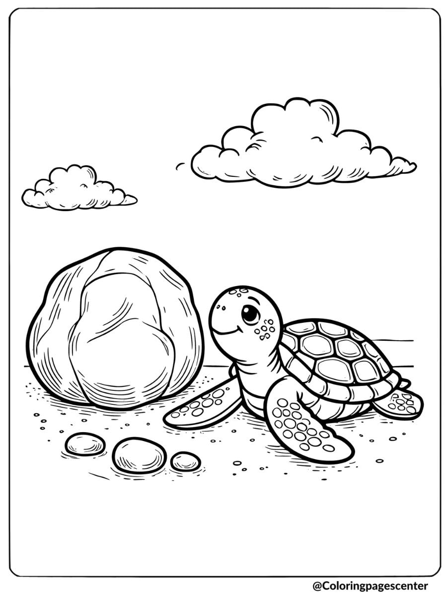 Sea turtle next to a rock coloring page