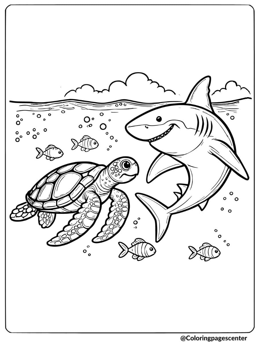 Sea turtle swimming with a shark coloring page