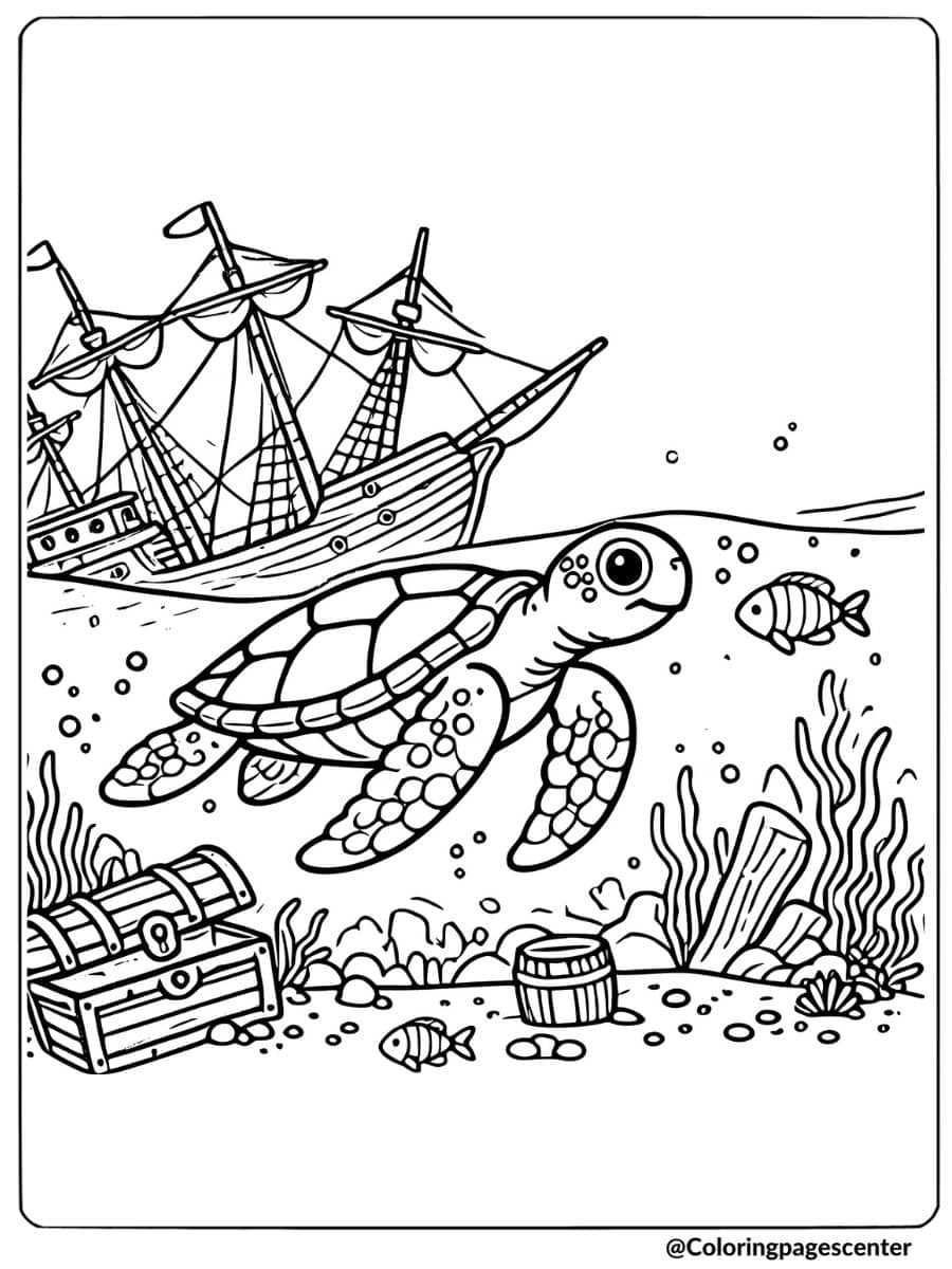 Sea turtle swimming near a shipwreck coloring page