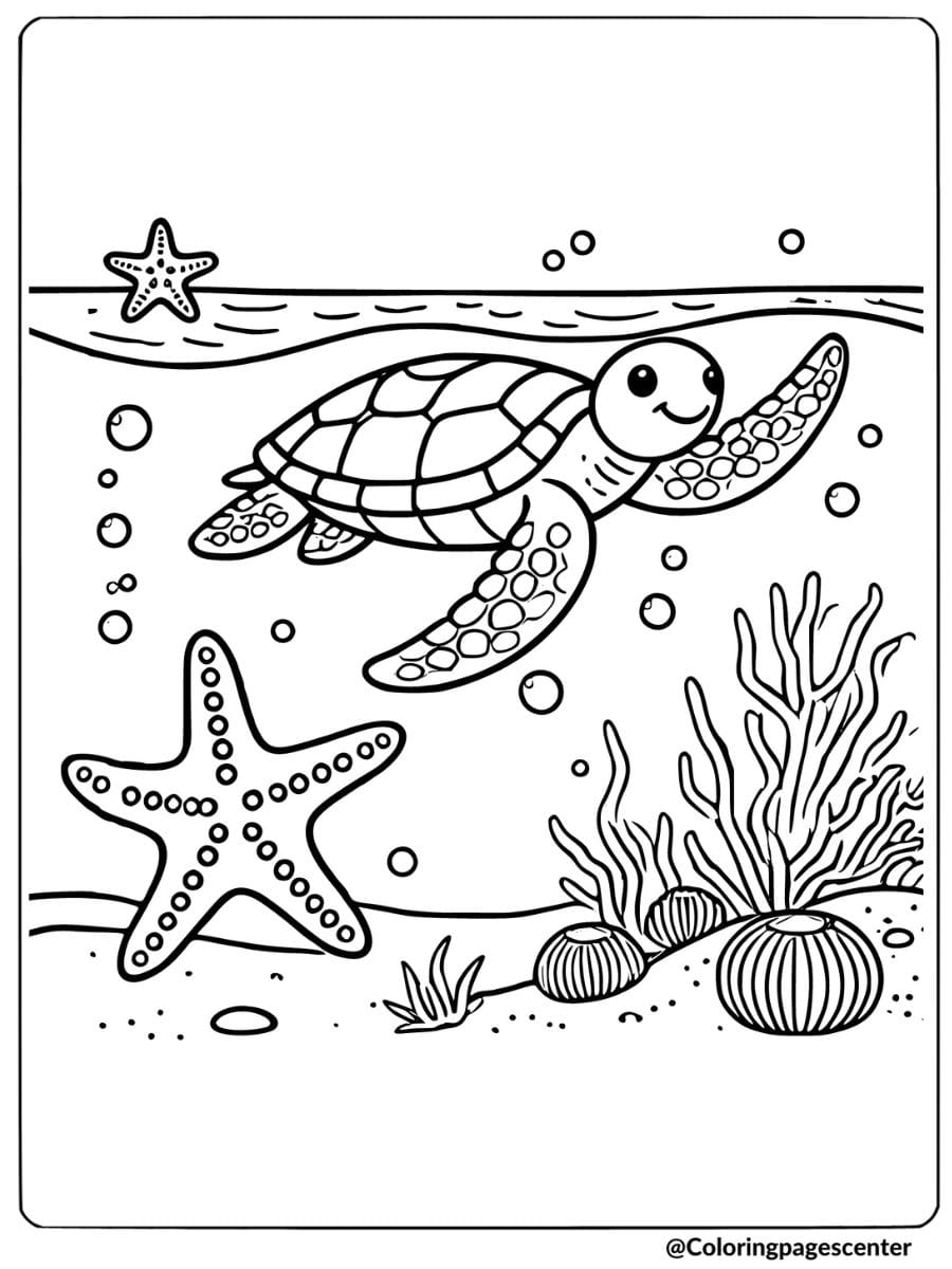 Sea turtle swimming with a starfish coloring page