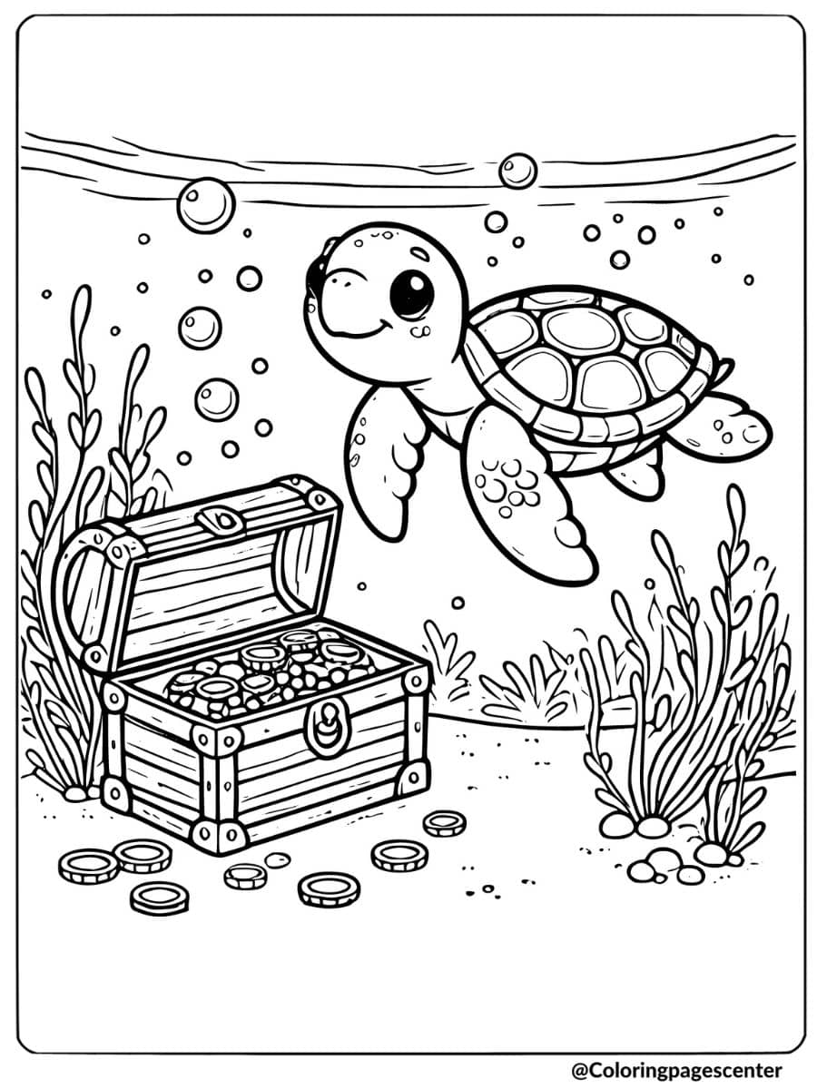 Sea turtle swimming near a treasure chest coloring page