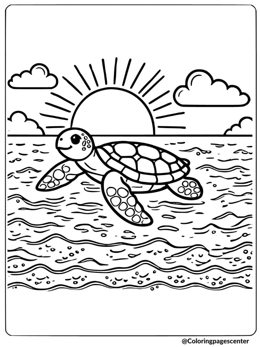 Sea turtle swimming at sunset coloring page