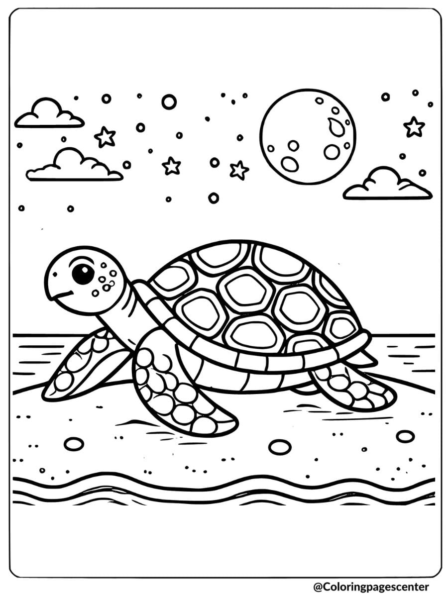 Sea turtle on the beach under the night sky coloring page