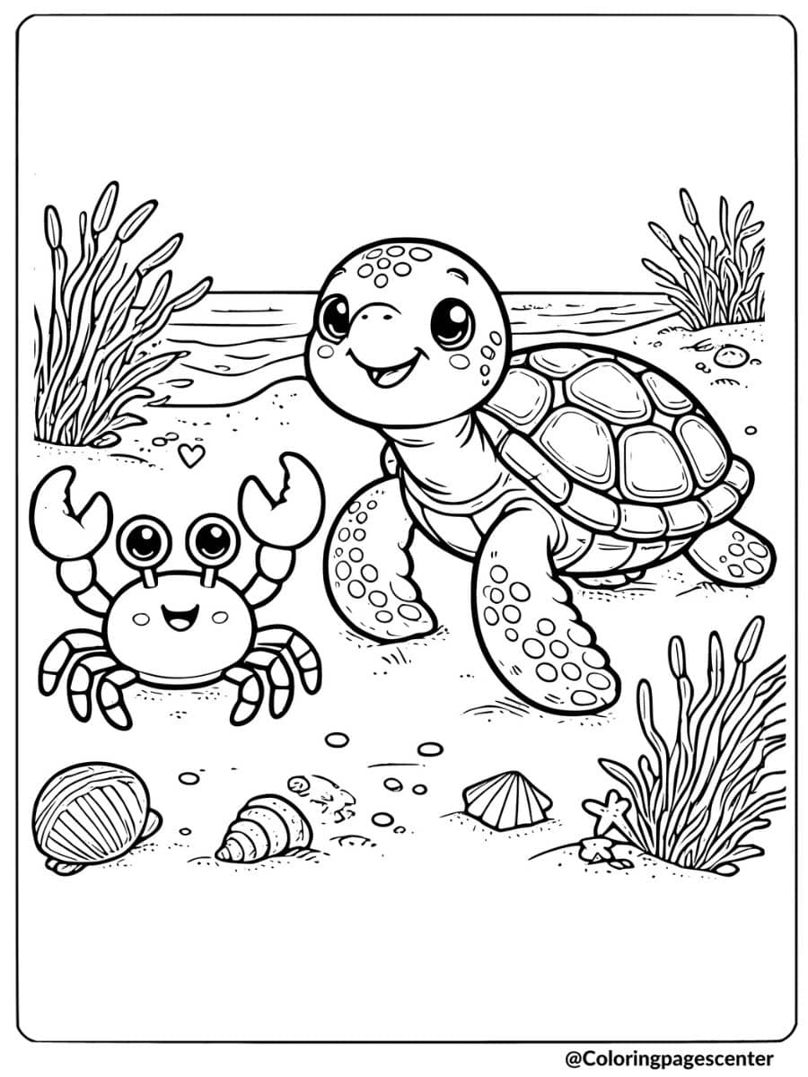 Sea turtle with a happy crab coloring page