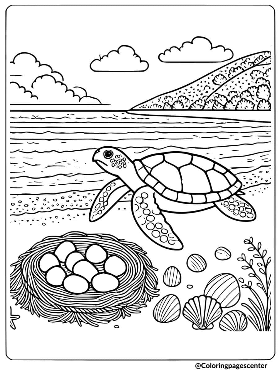 Sea turtle with eggs on the beach coloring page