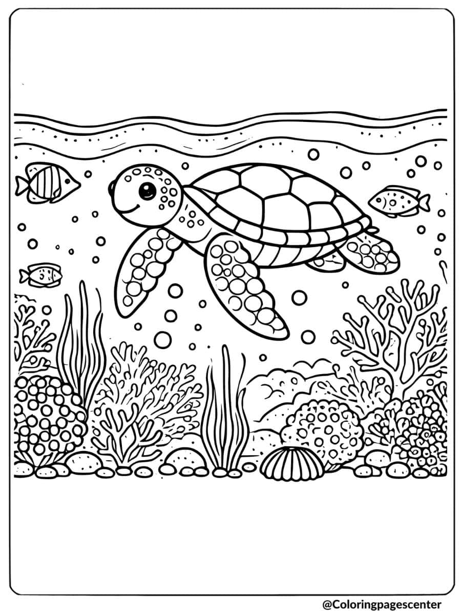 Sea turtle with fish underwater coloring page