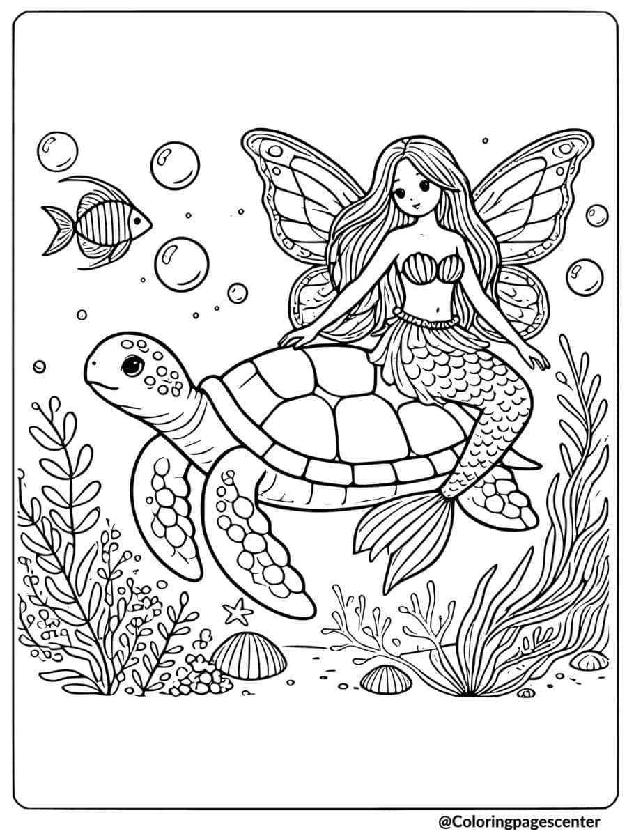 Sea turtle with mermaid riding on its back coloring page