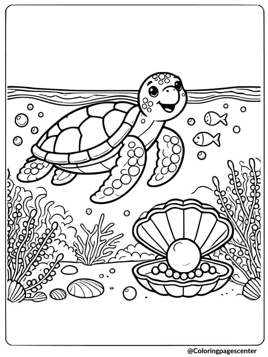 Sea turtle swimming with a pearl coloring page