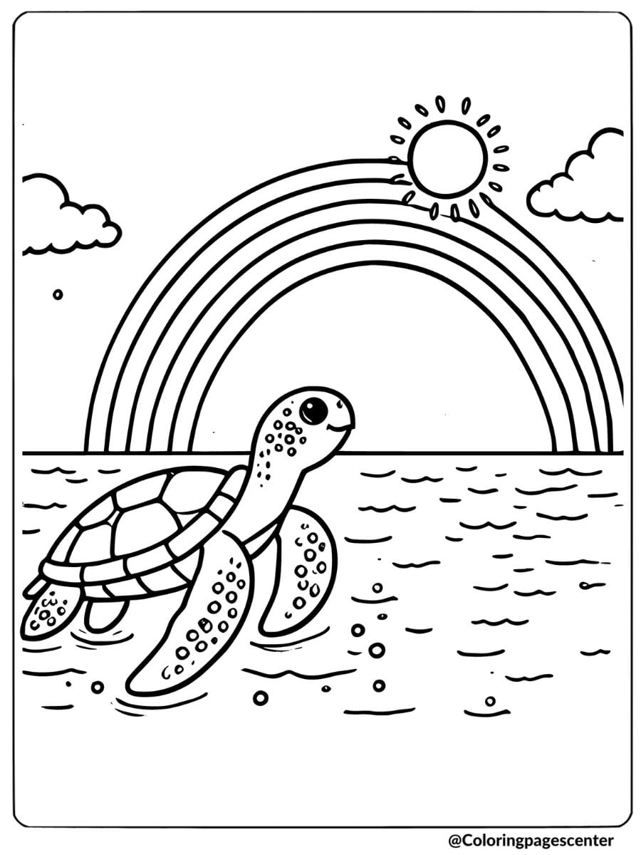 Sea turtle swimming with a rainbow coloring page