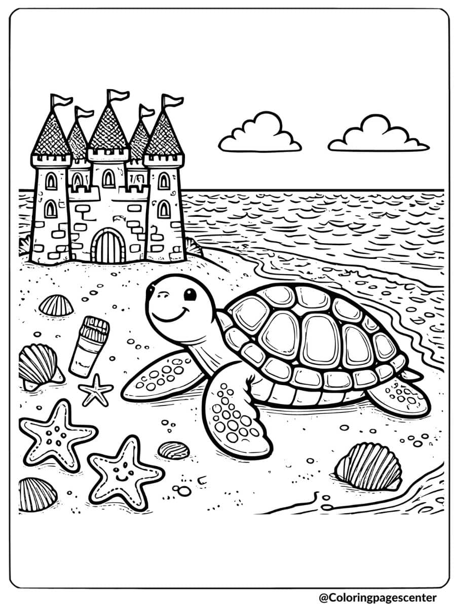 Sea turtle with sandcastle on beach coloring page