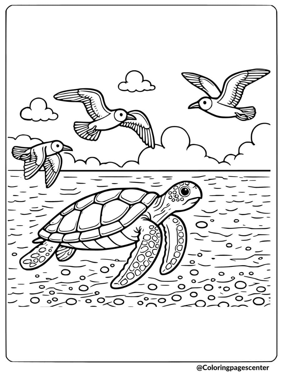 Sea turtle swimming under seagulls coloring page