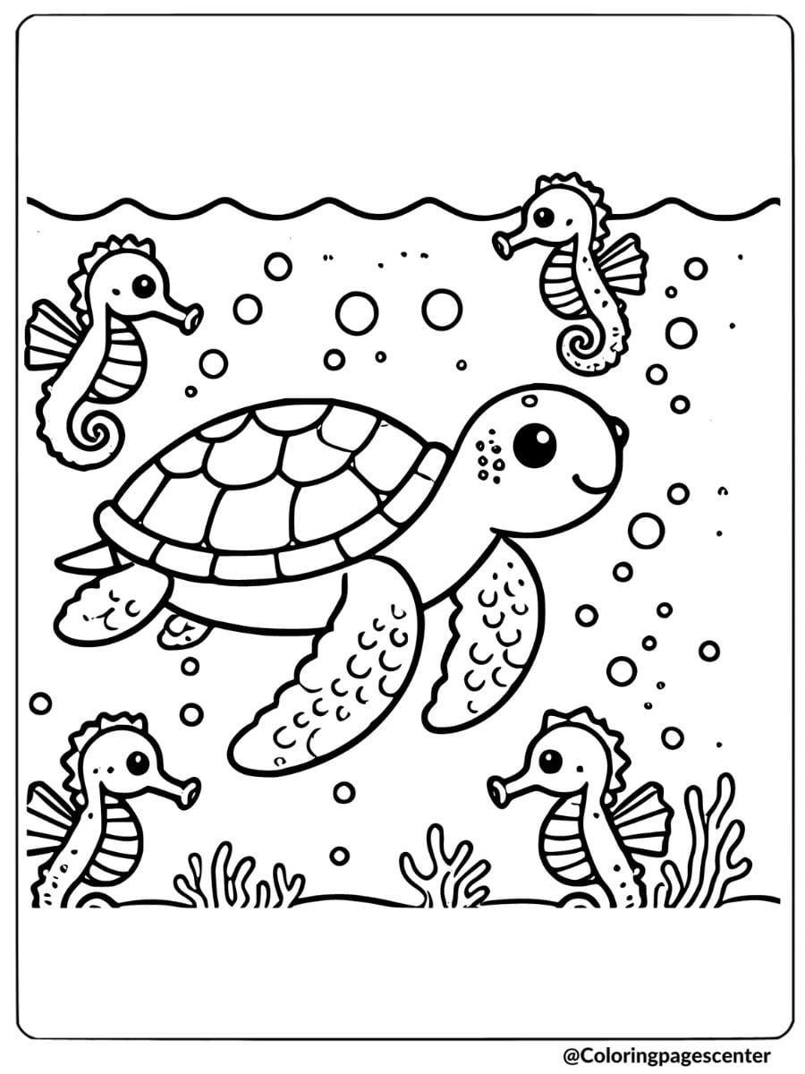 Sea turtle surrounded by seahorses coloring page