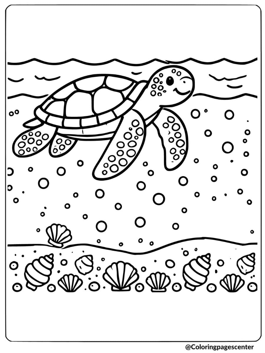 Sea turtle with seashells underwater coloring page