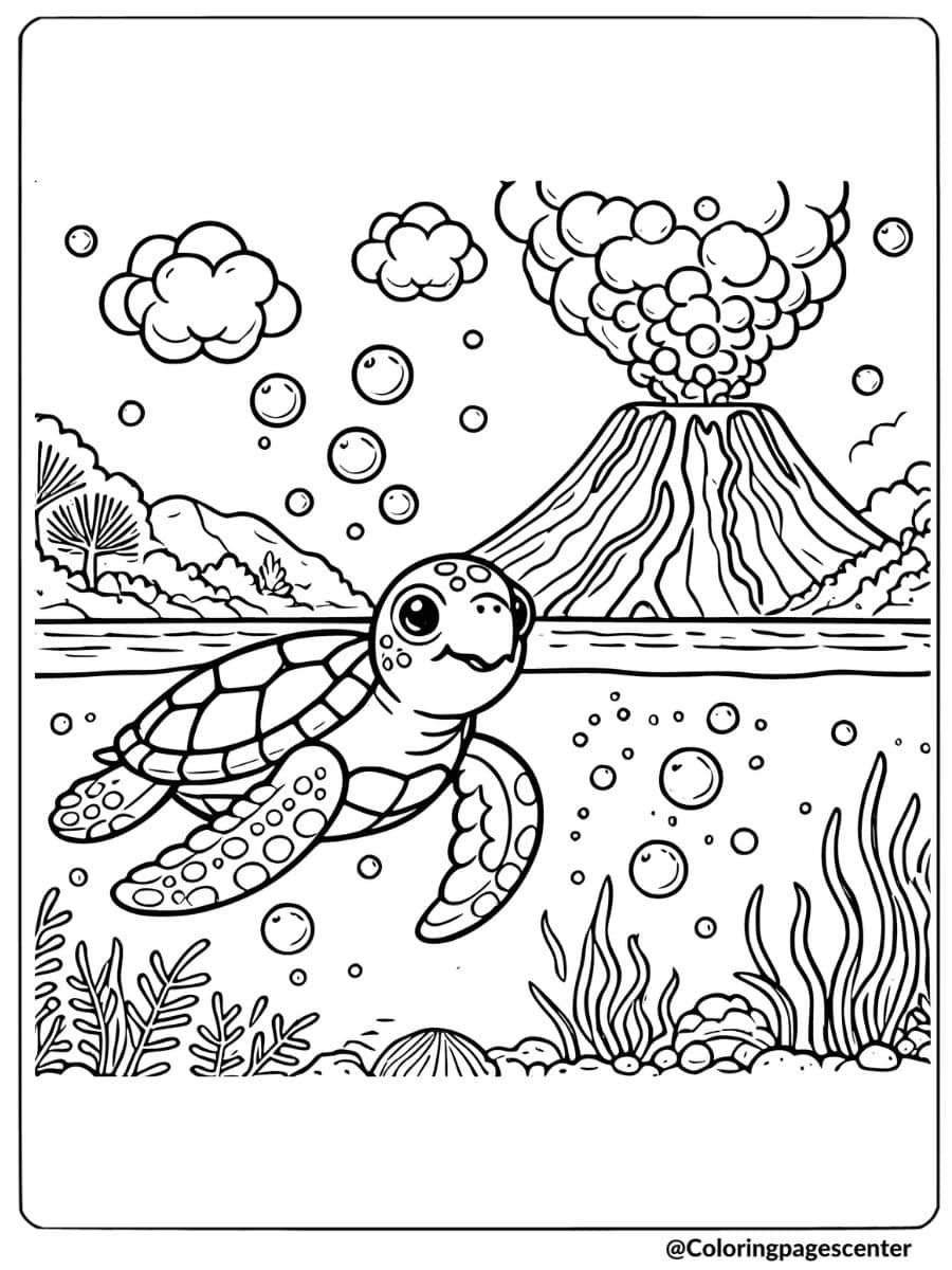 Sea turtle swimming with volcano in background coloring page