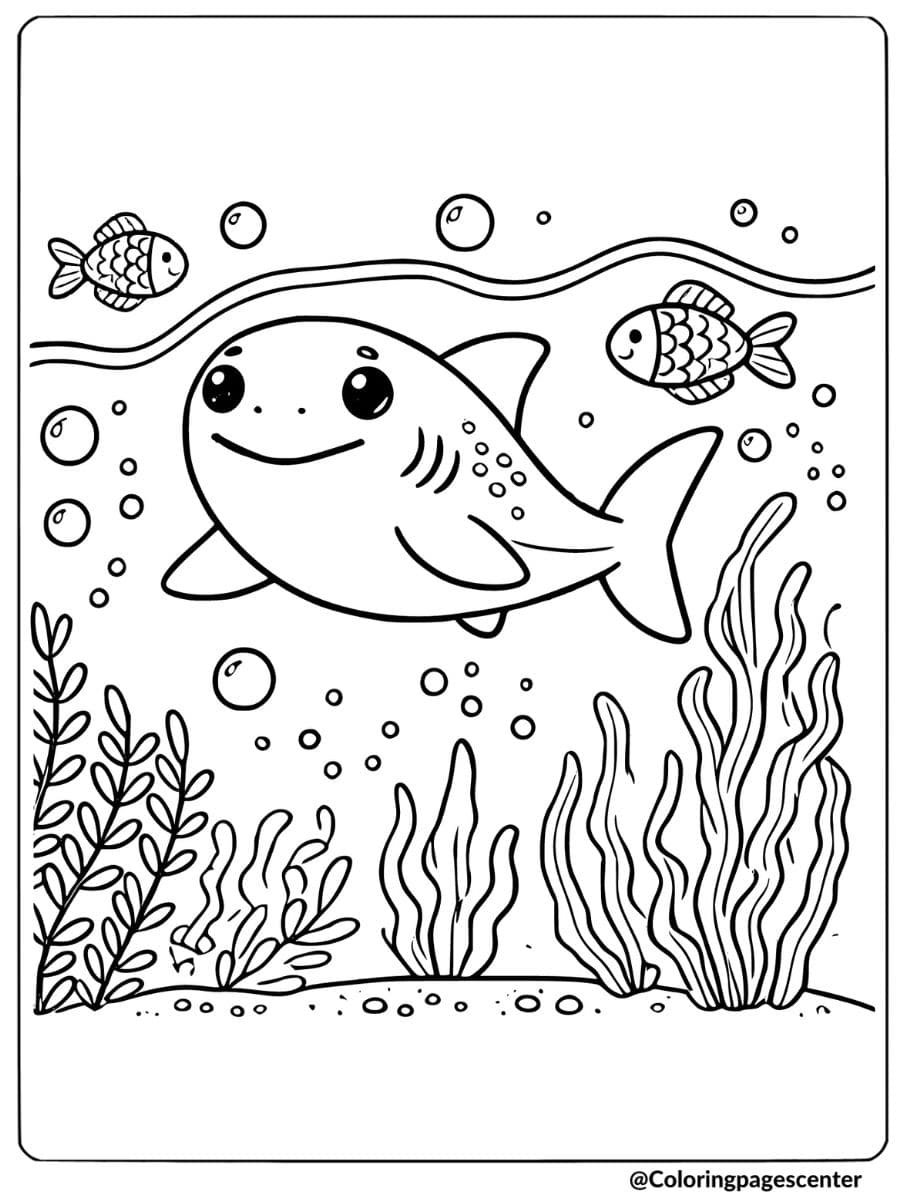 Cute shark swimming with fish and sea plants coloring page