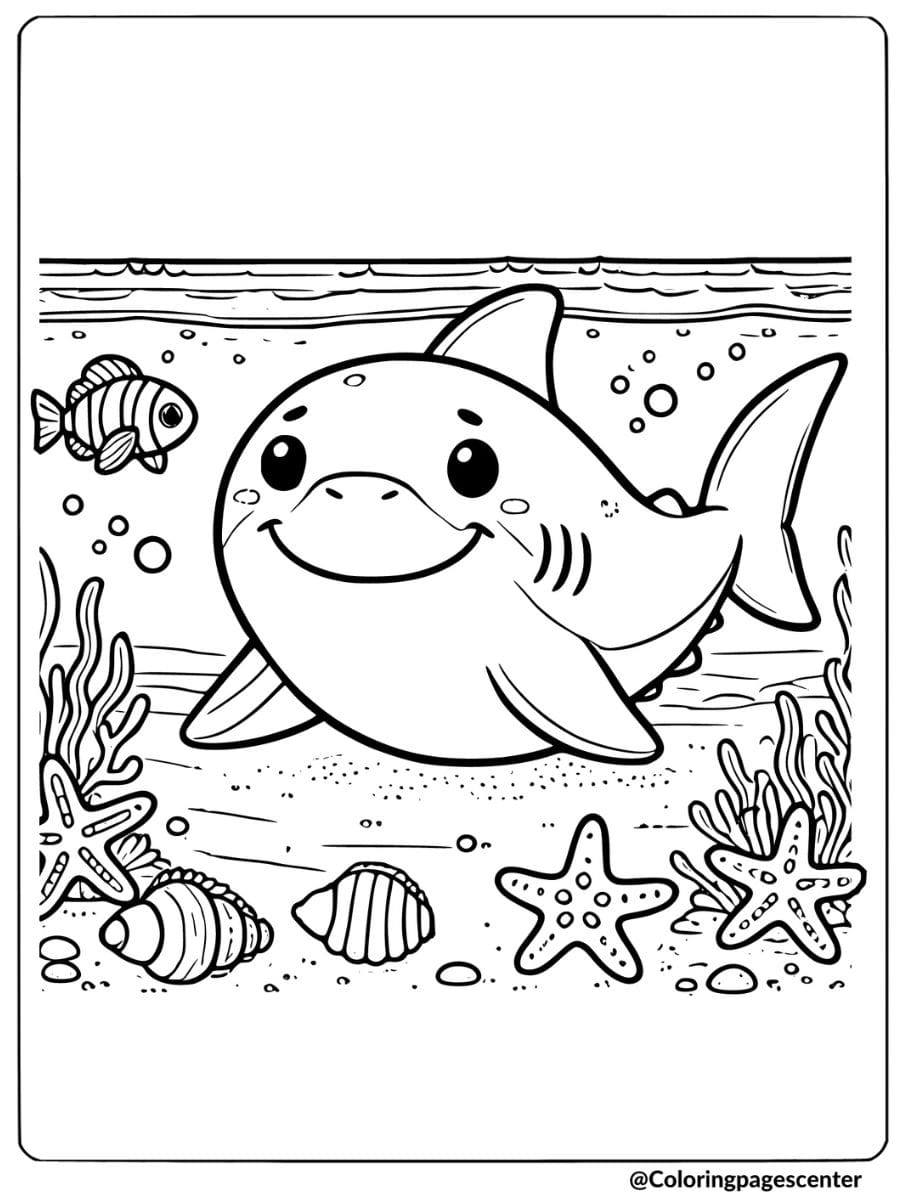 Easy coloring page of a cute shark with fish underwater