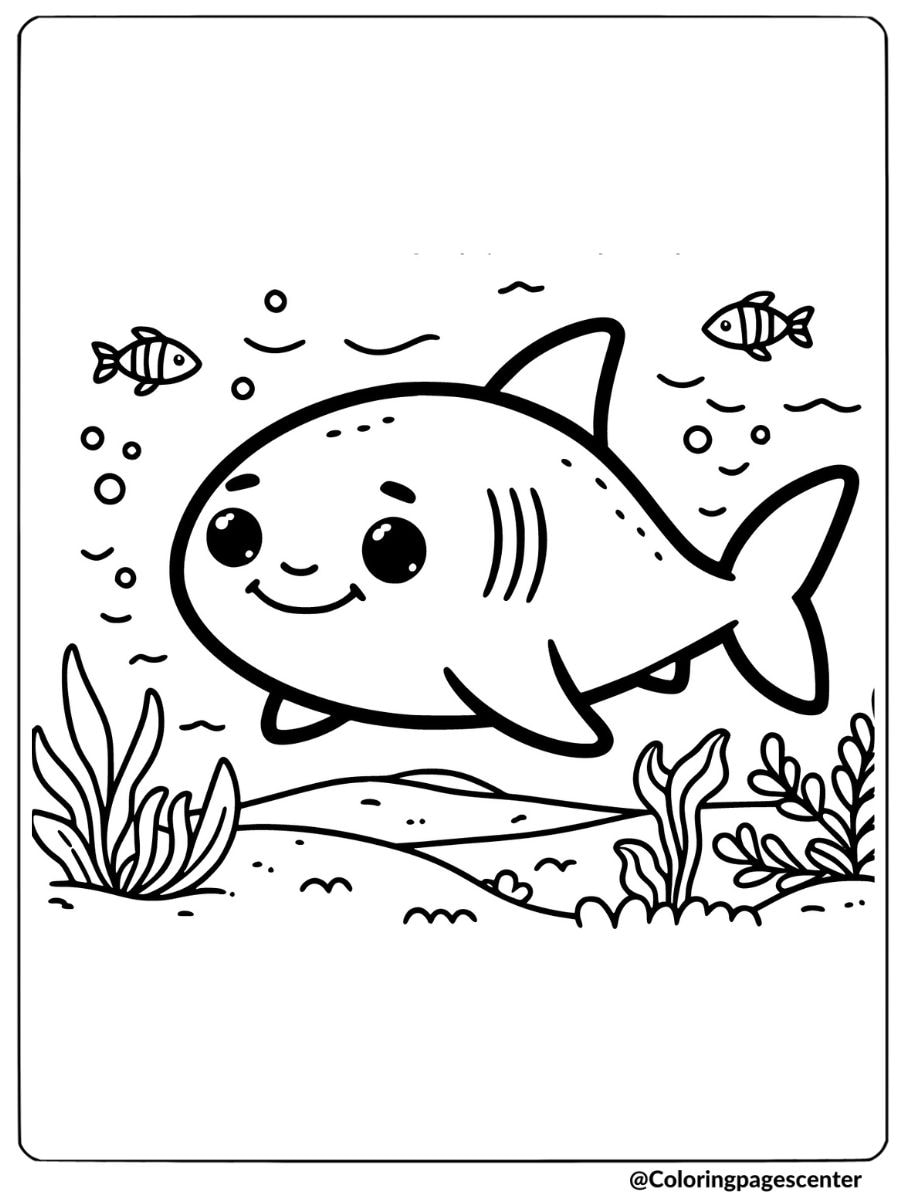 Easy coloring page of a friendly shark with sea plants