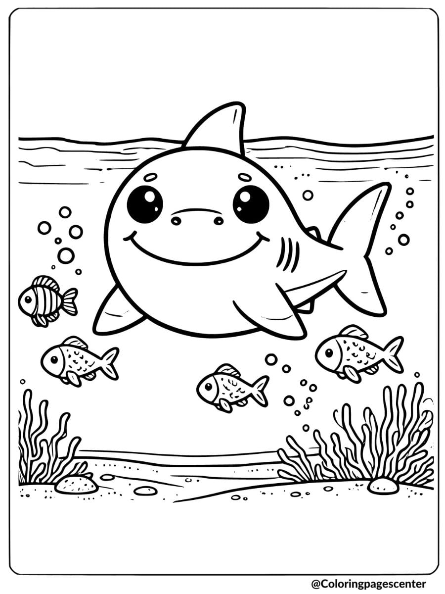 Easy coloring page of a happy shark and fish underwater