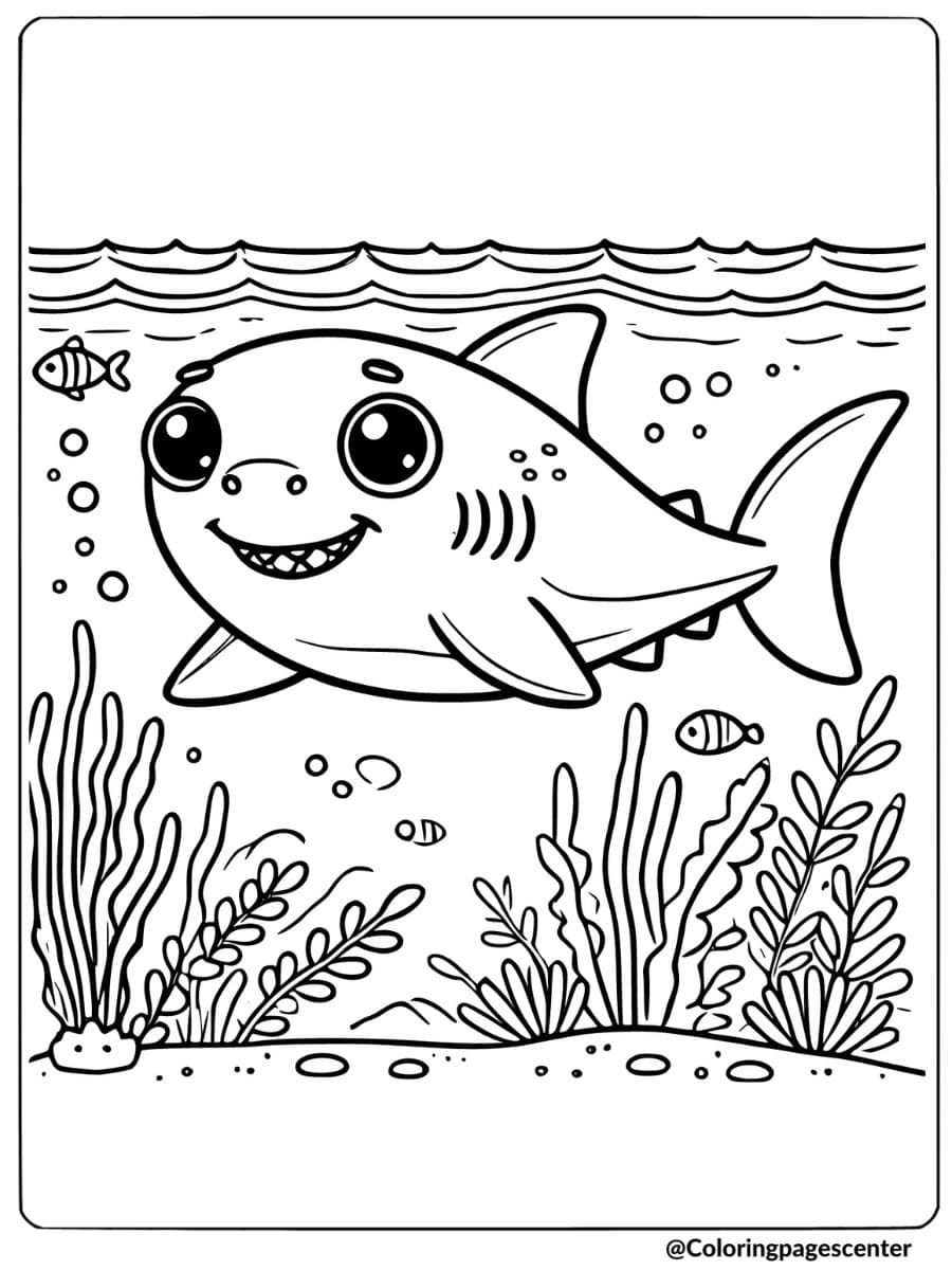 Easy coloring page of a happy shark in seaweed with fish