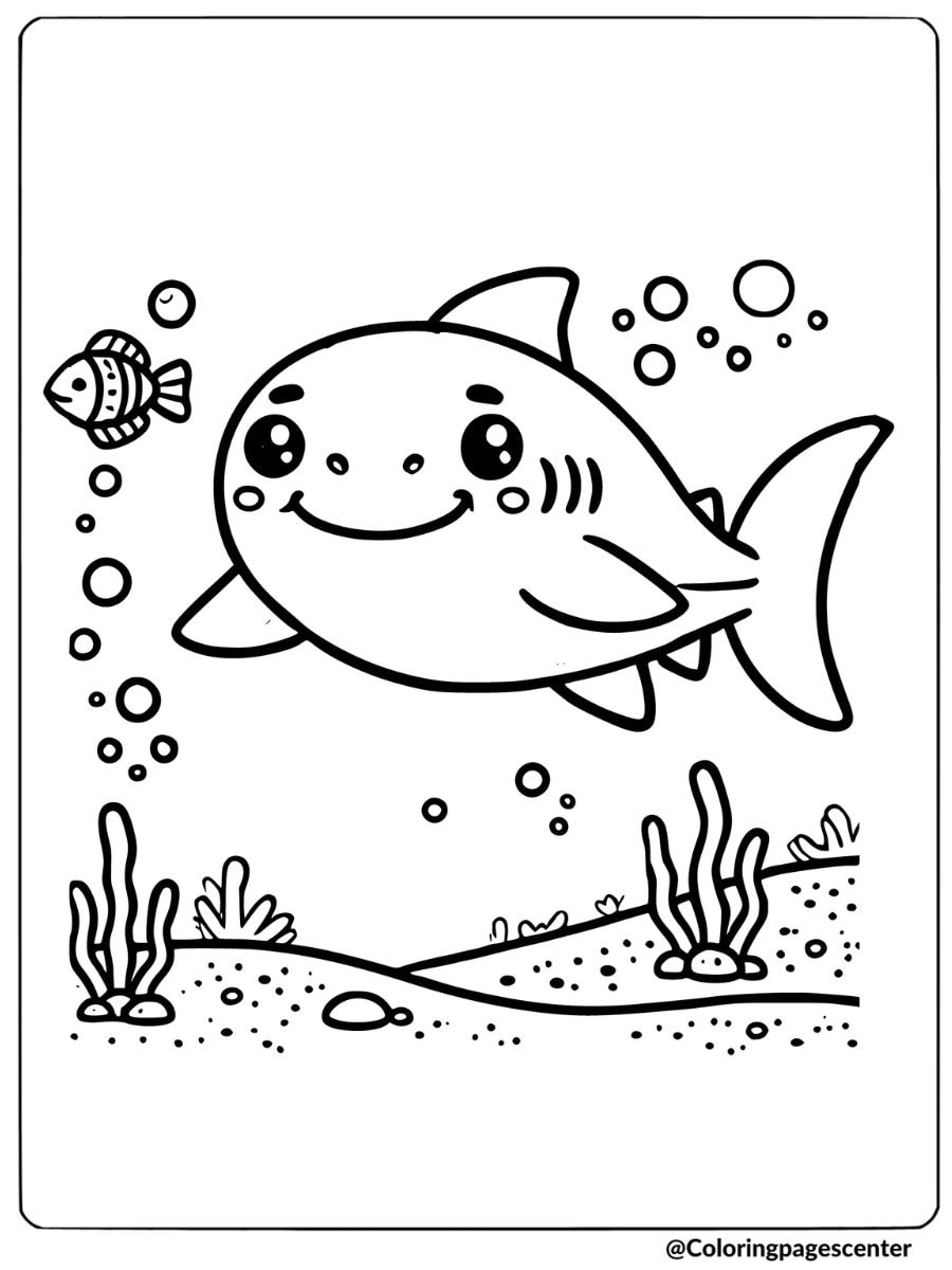 Easy coloring page of a happy shark with fish and bubbles