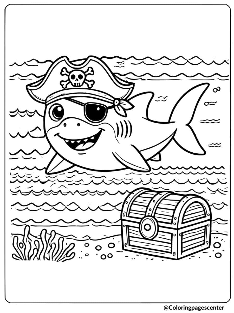 Easy coloring page of a pirate shark with treasure chest