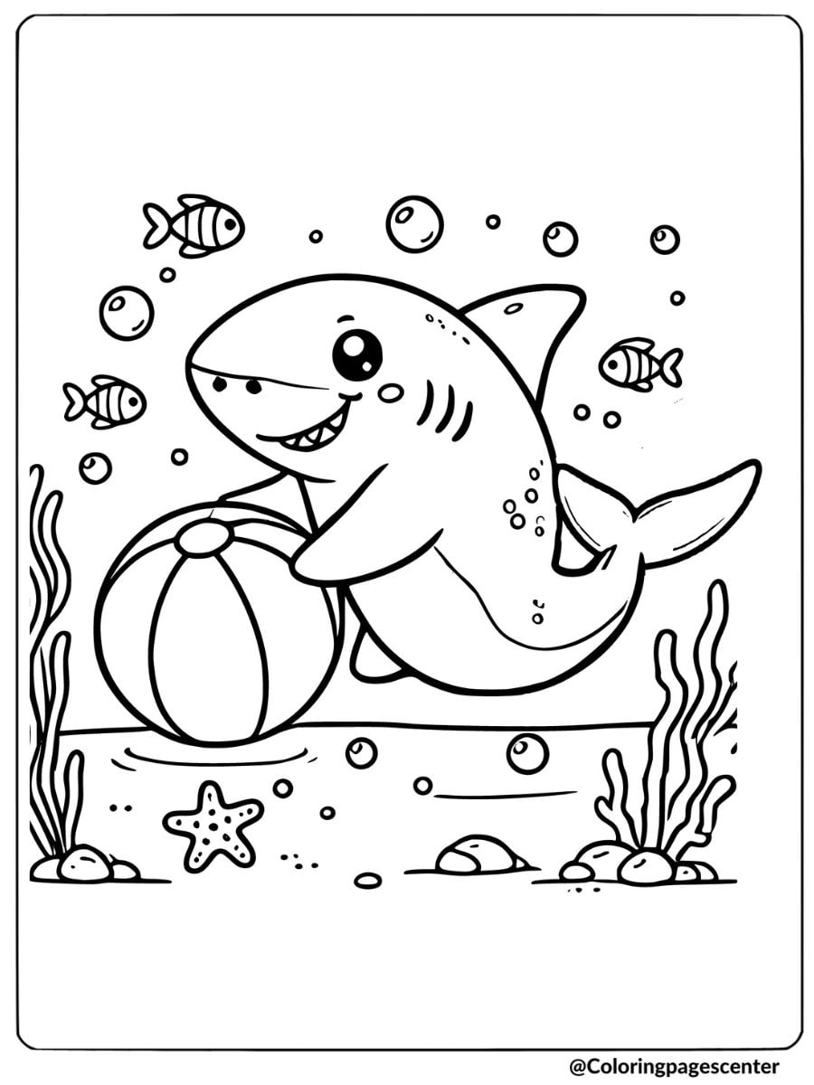 Easy coloring page of a playful shark with beach ball