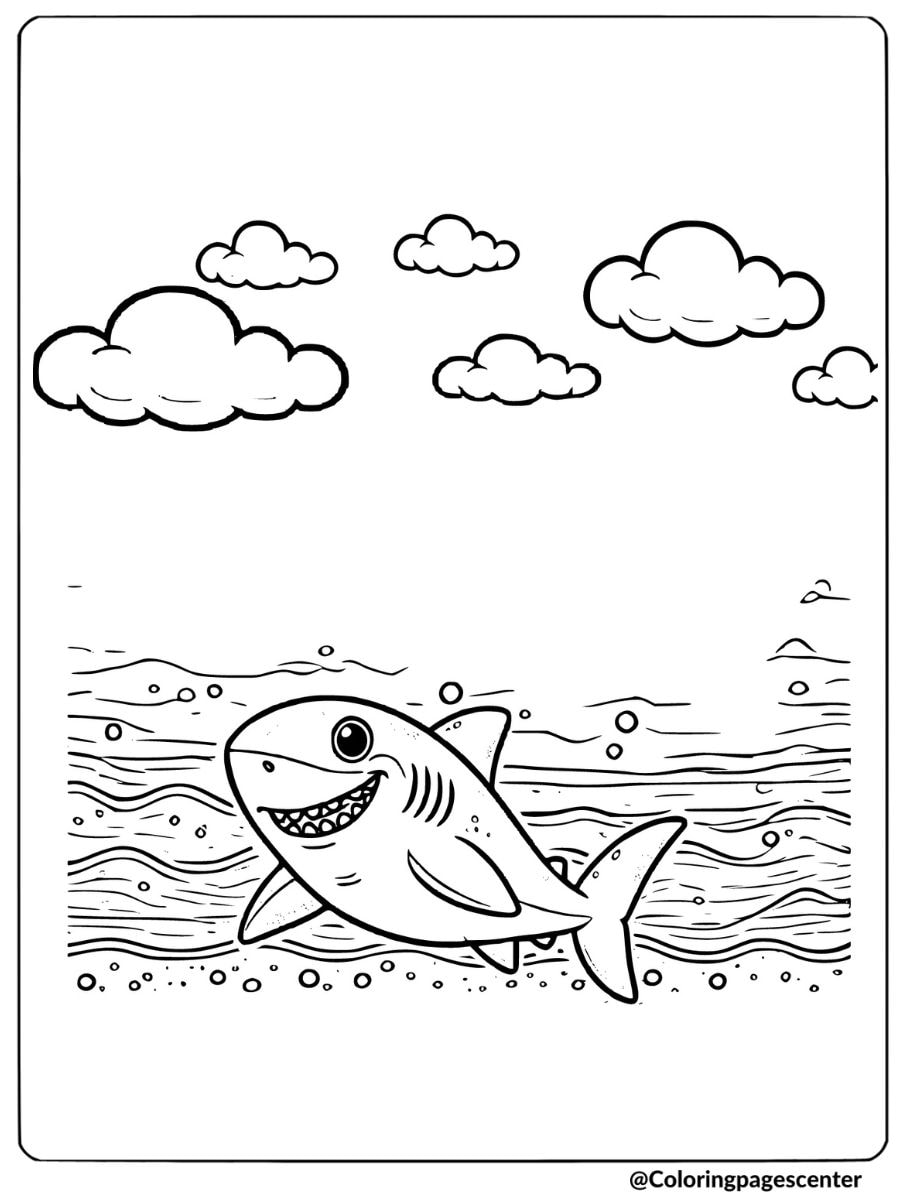 Easy coloring page of a smiling shark in the ocean