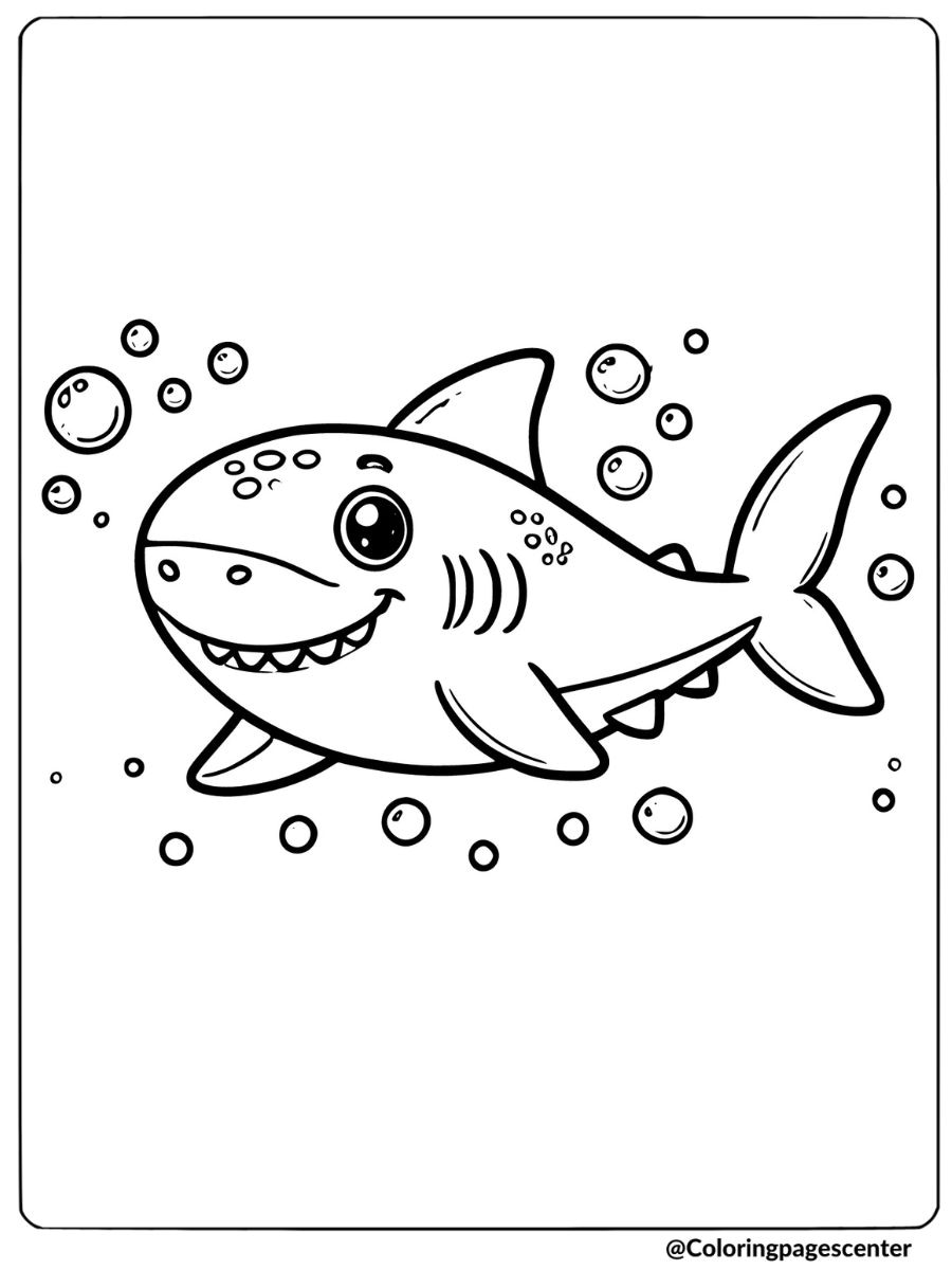 Easy coloring page of a smiling shark with bubbles