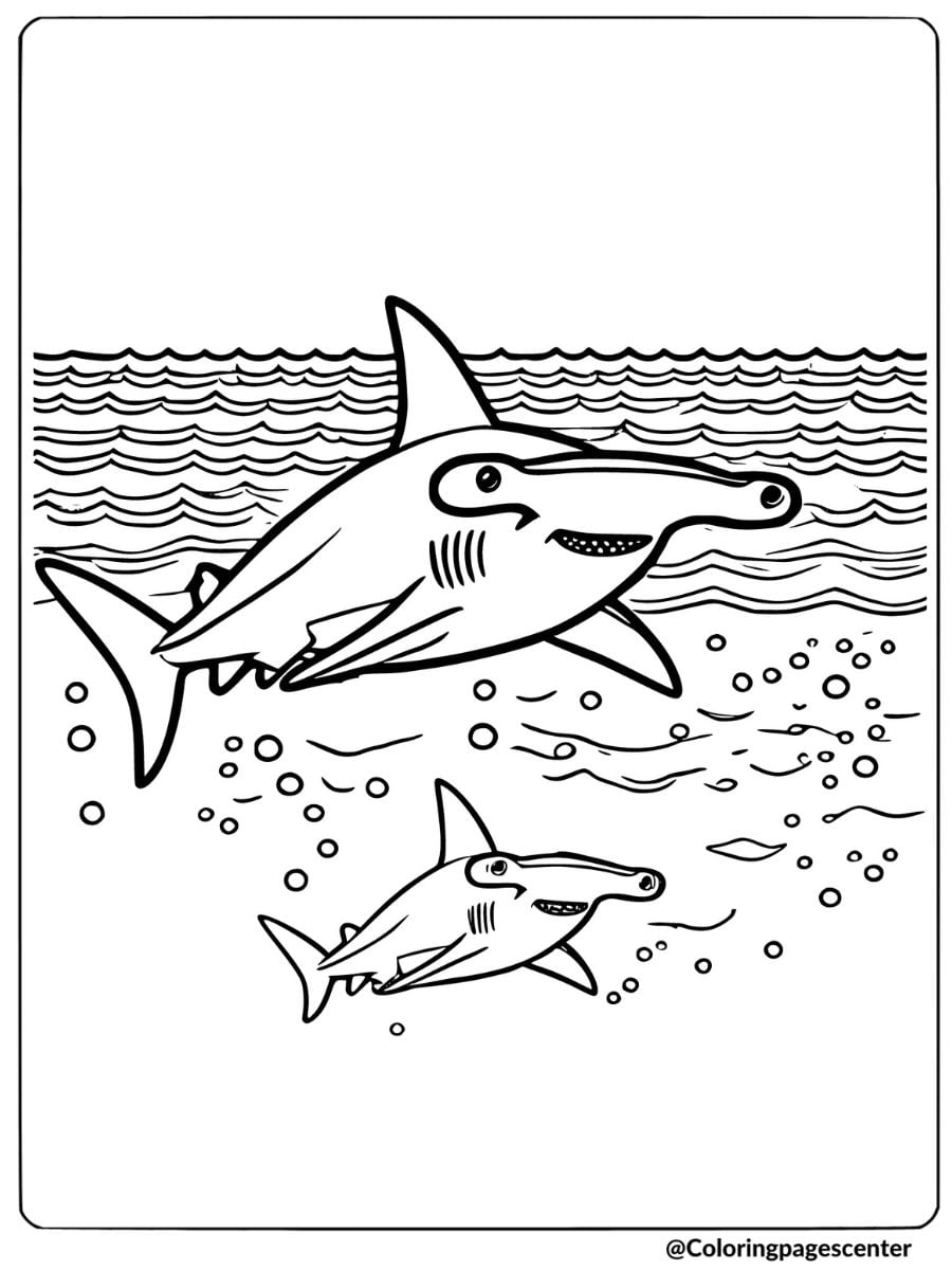 Hammerhead shark swimming with a baby shark coloring page