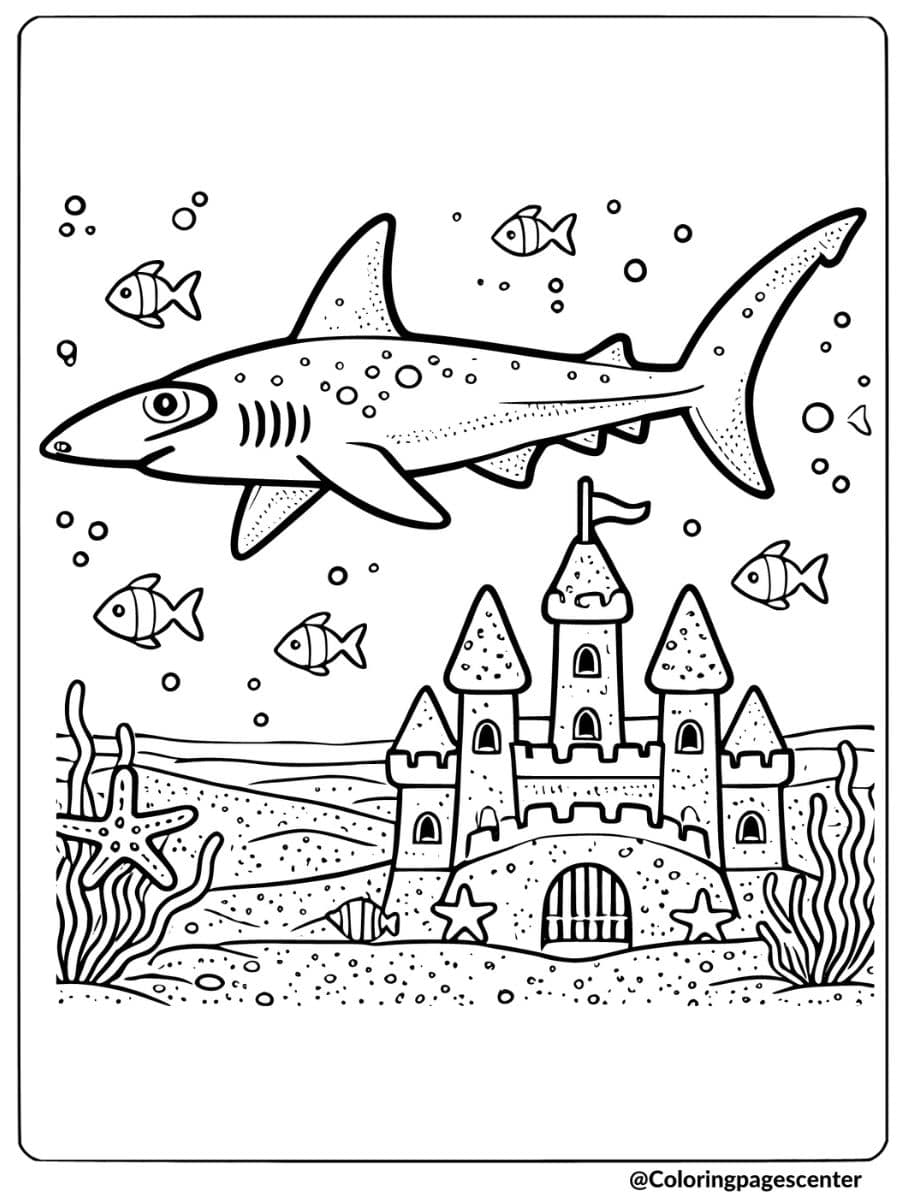 Hammerhead shark swimming above a sandcastle coloring page