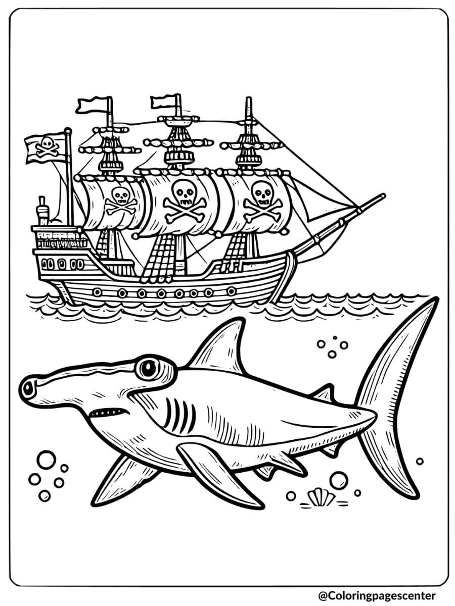 Hammerhead shark swimming near a pirate ship coloring page