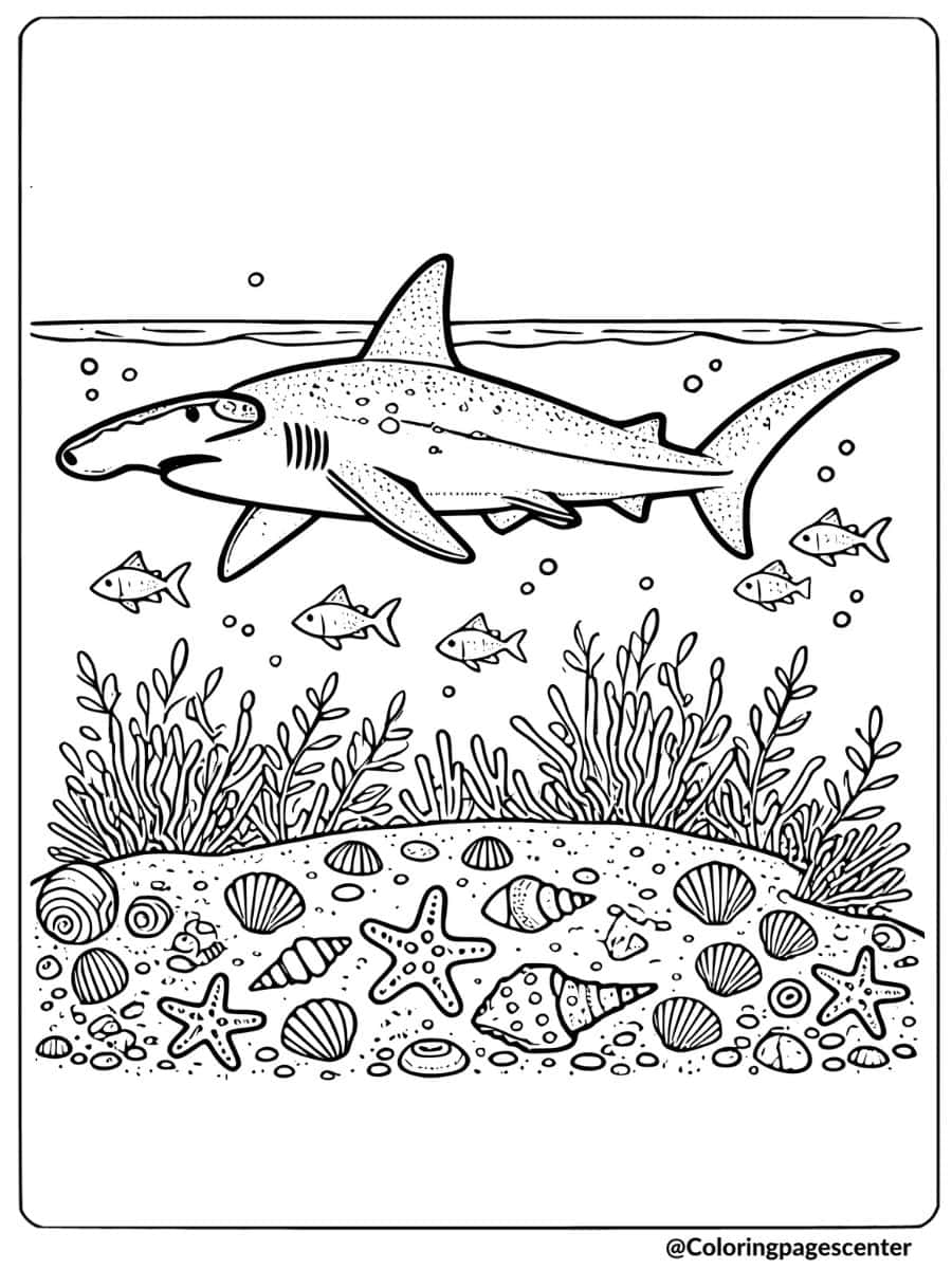 Hammerhead shark with sea life and shells coloring page