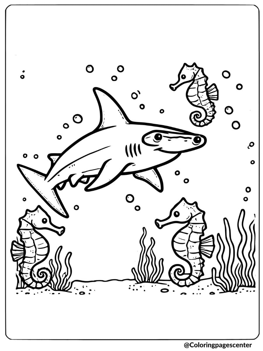 Hammerhead shark with seahorses in the ocean coloring page