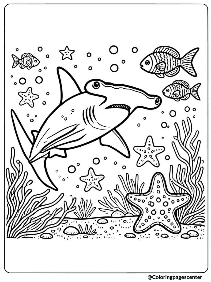 Hammerhead shark with starfish and fish coloring page