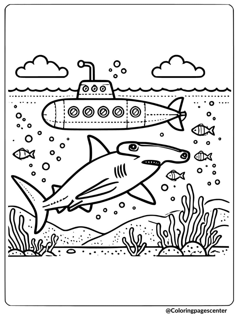 Hammerhead shark swimming near a submarine coloring page