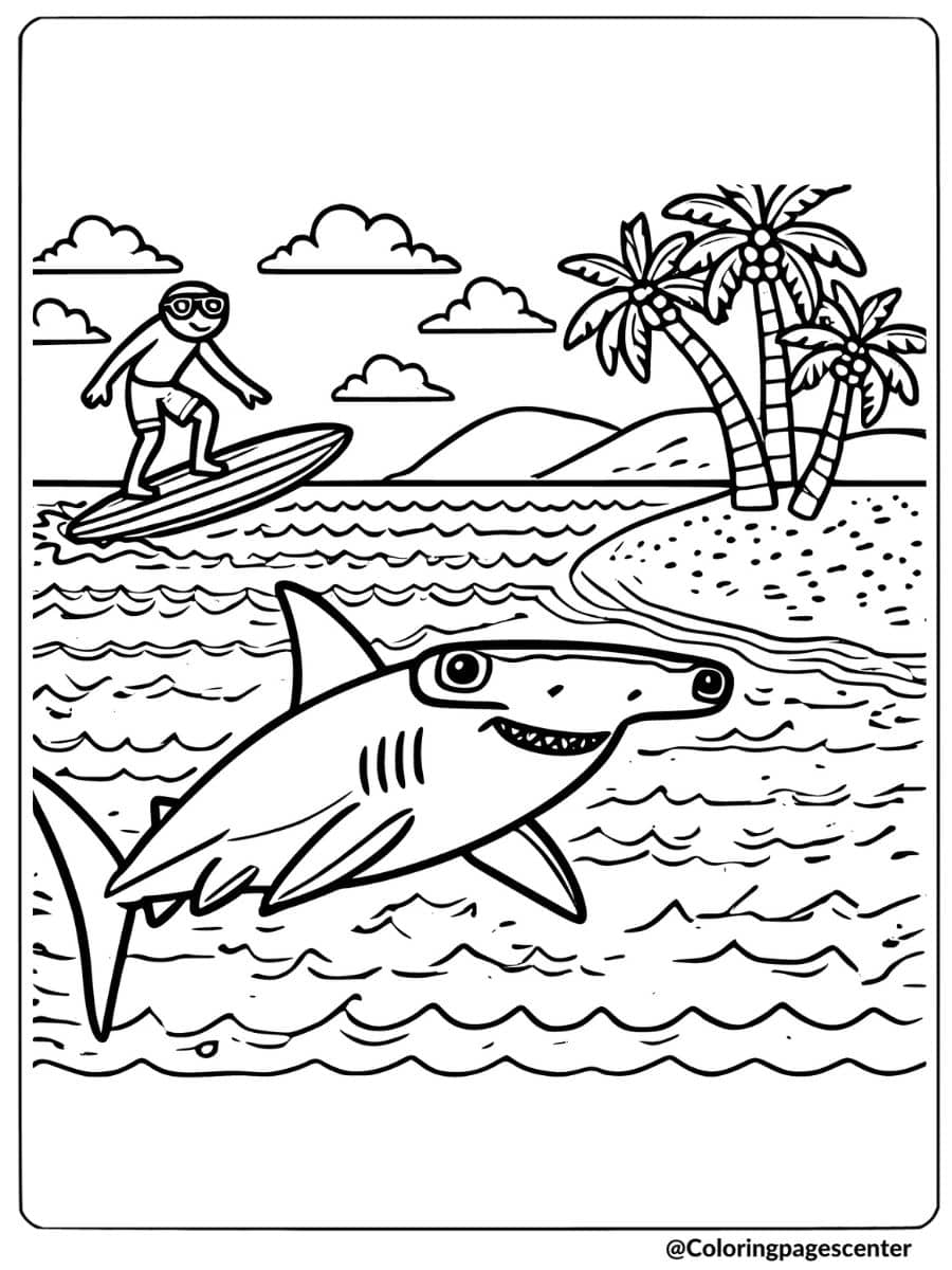 Hammerhead shark with a surfer in the background coloring page