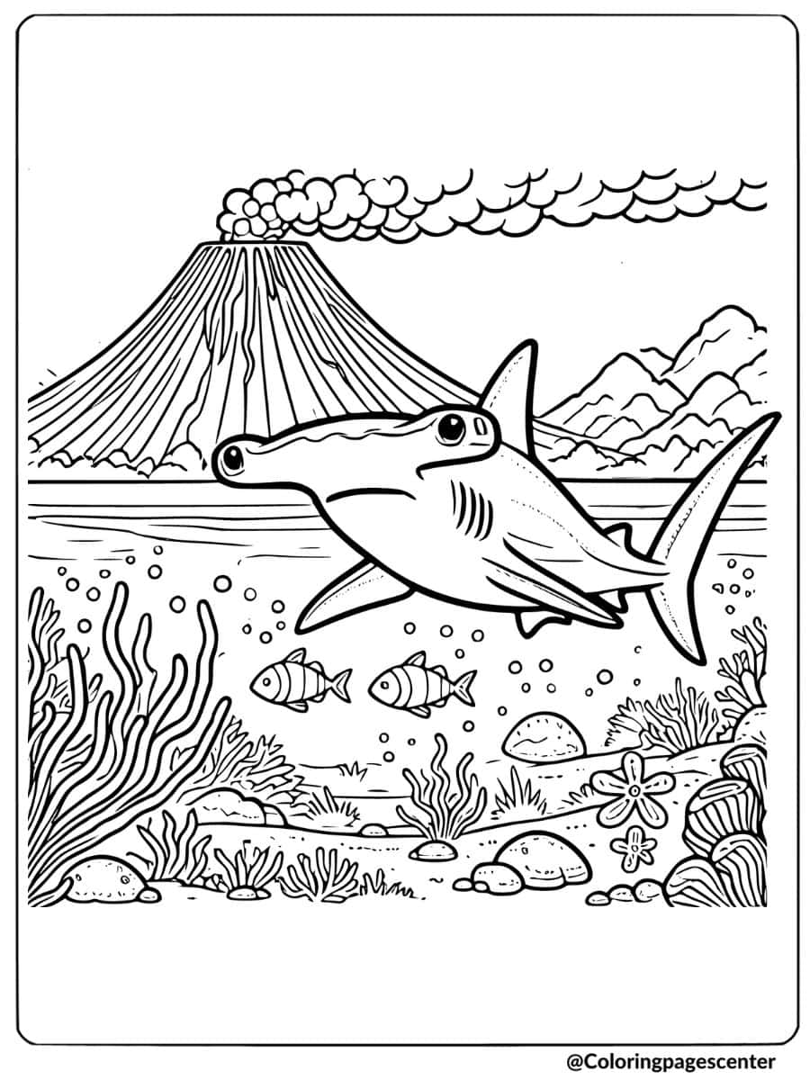 Hammerhead shark with a volcano background coloring page