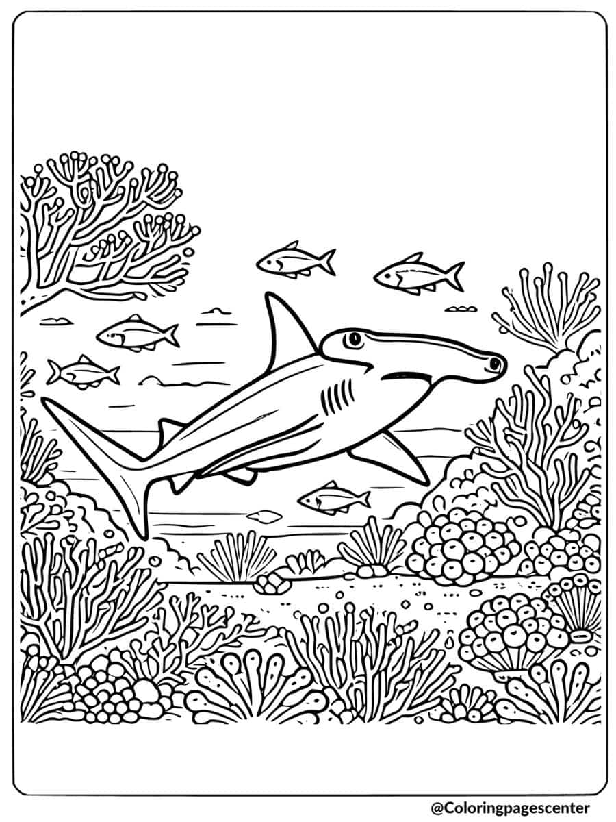 Hammerhead shark swimming in a coral reef coloring page
