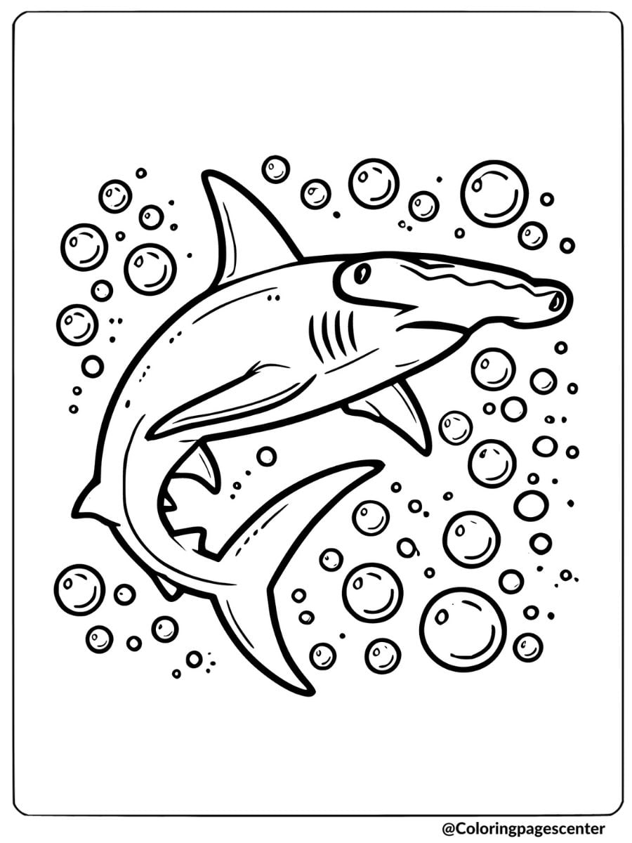 Hammerhead shark surrounded by bubbles coloring page